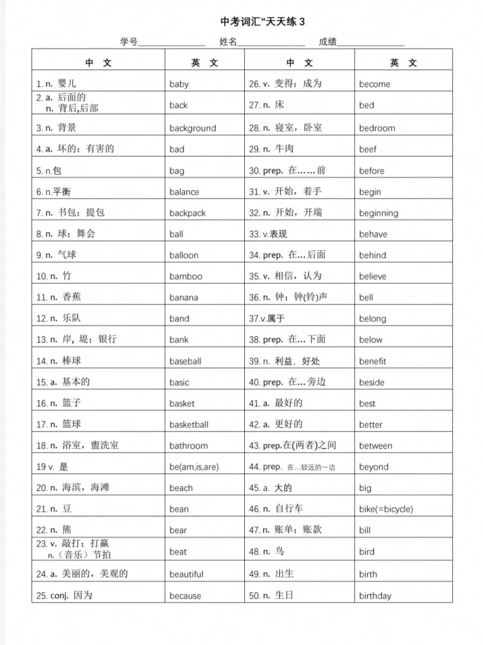2027中考英语|1600大纲词汇完整梳理,附默写表-第5张图片-四季读书网