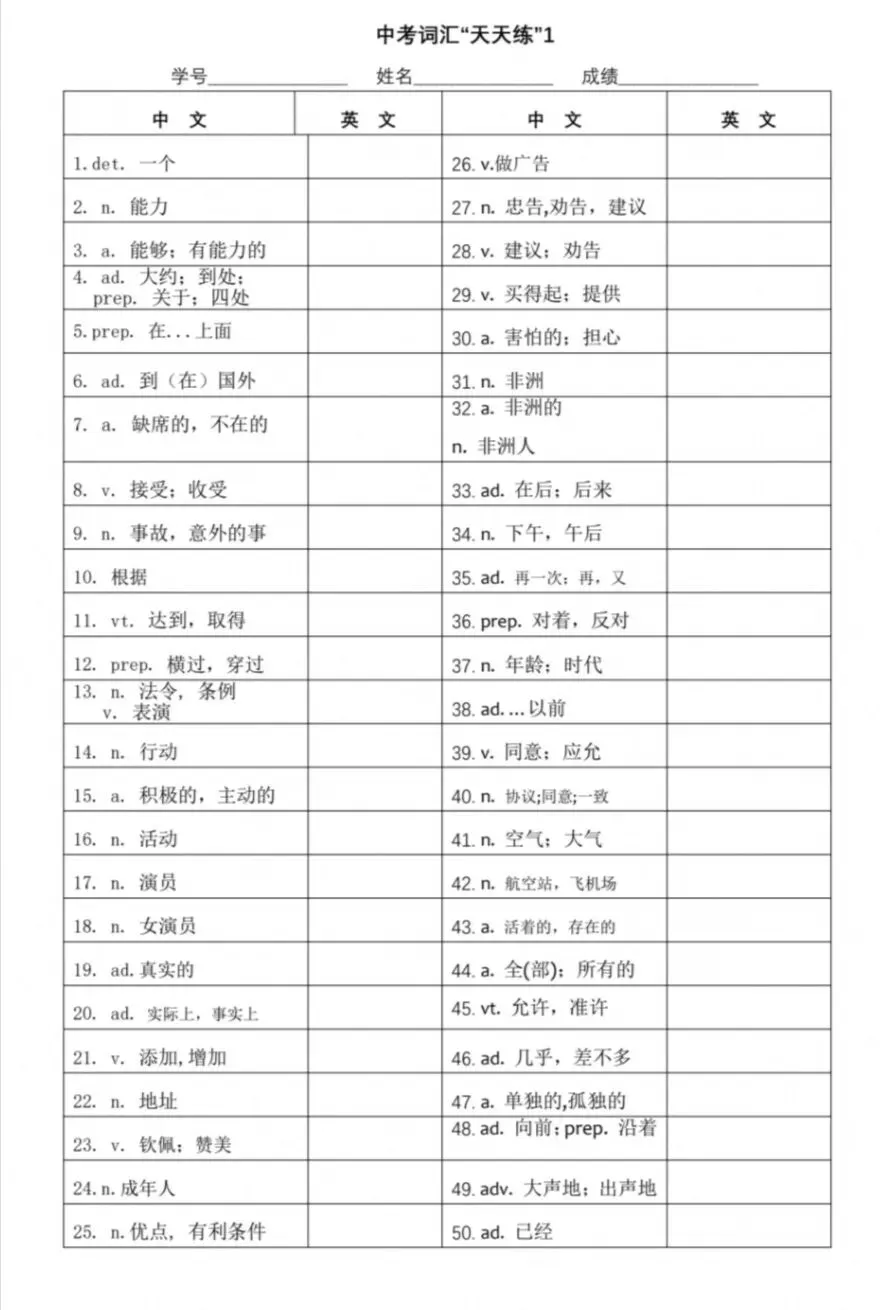 2027中考英语|1600大纲词汇完整梳理,附默写表-第9张图片-四季读书网