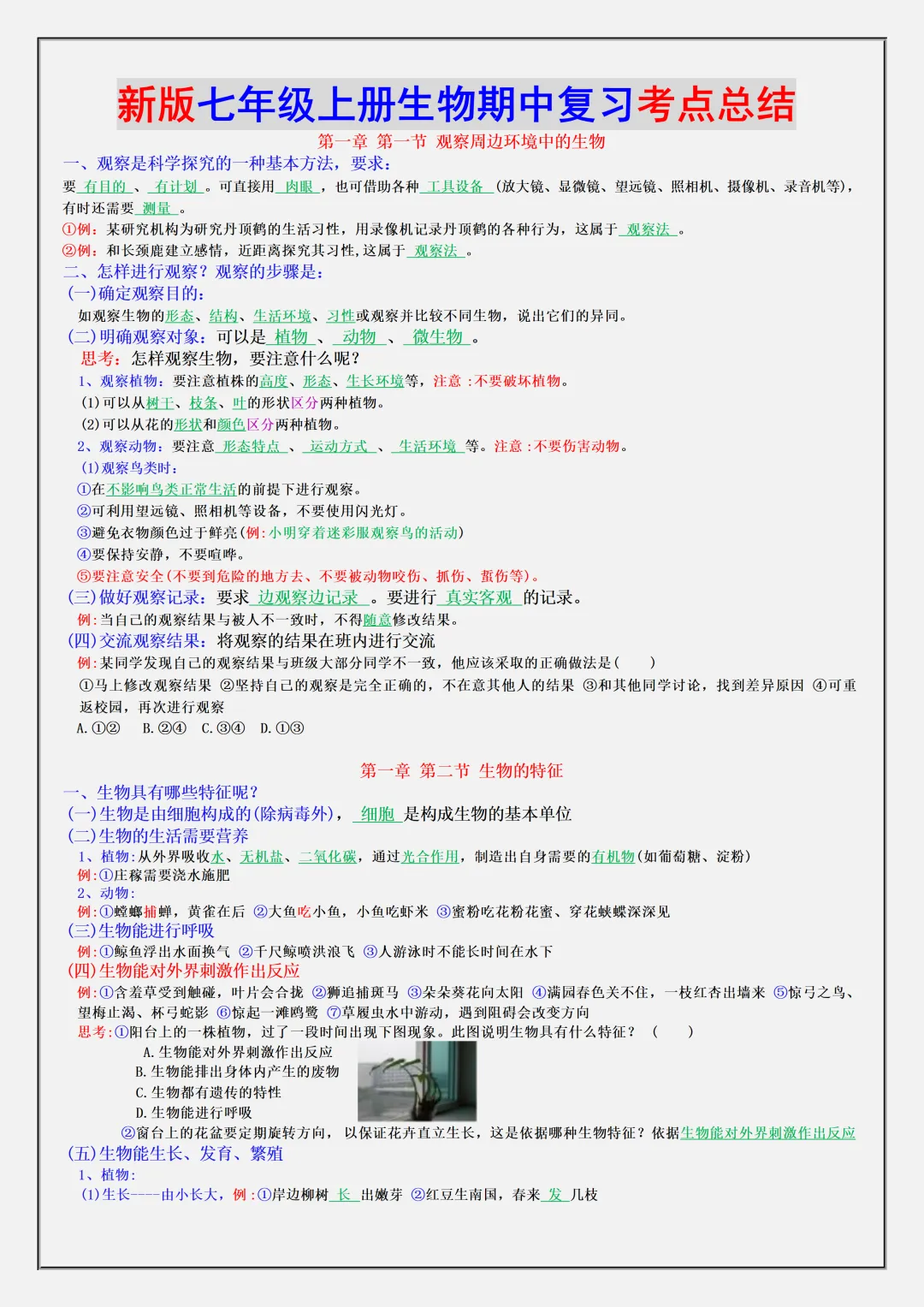 初一2026新版七年级上册生物·复习提纲·全册核心知识点总结(电子版可打印)-第2张图片-四季读书网 初一2026新版七年级上册生物·复习提纲·全册核心知识点总结(电子版可打印)-第2张图片-四季读书网