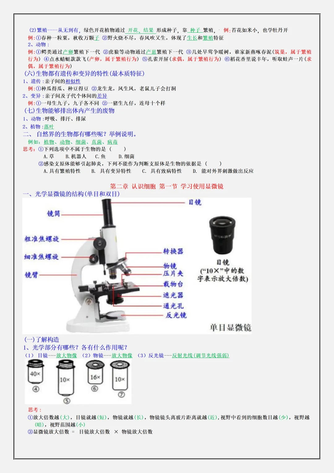 初一2026新版七年级上册生物·复习提纲·全册核心知识点总结(电子版可打印)-第3张图片-四季读书网 初一2026新版七年级上册生物·复习提纲·全册核心知识点总结(电子版可打印)-第3张图片-四季读书网