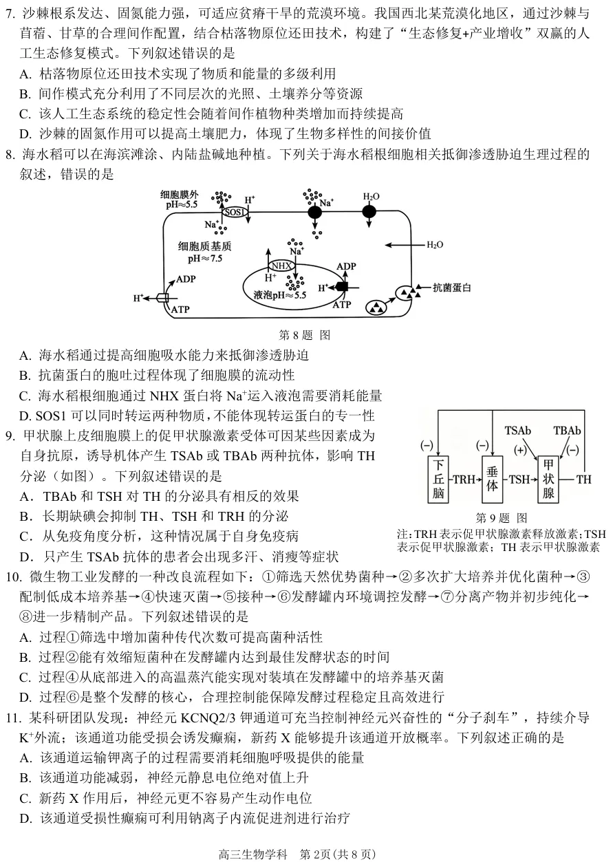 2026年10月浙江天域联盟高三生物试卷、答案和解析(质量高推荐做!)-第5张图片-四季读书网