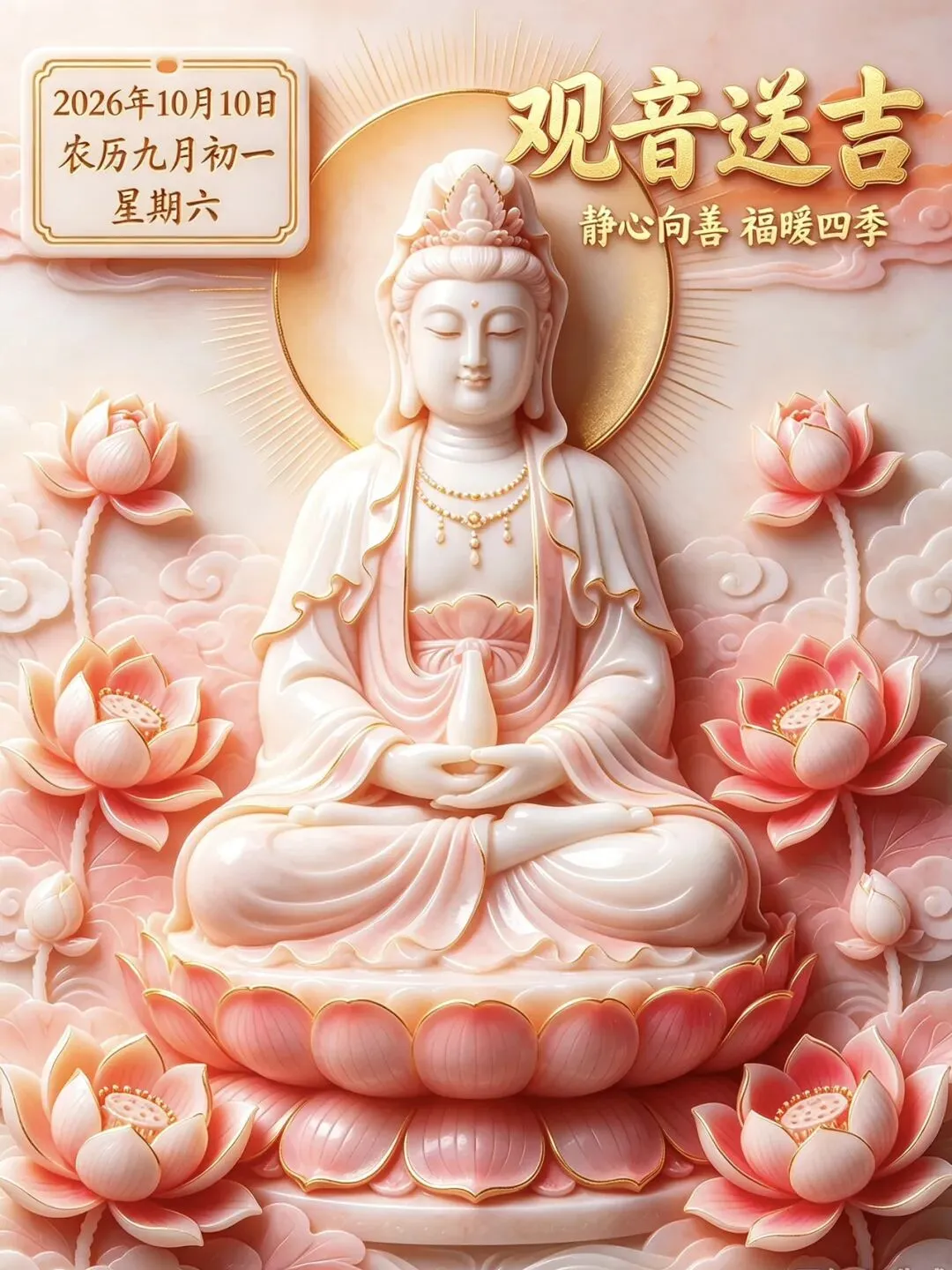 九月初一,香期吉日,29张观音早上好图片带日期,愿心怀善念,承蒙菩萨护佑,福气常伴左右-第4张图片-四季读书网