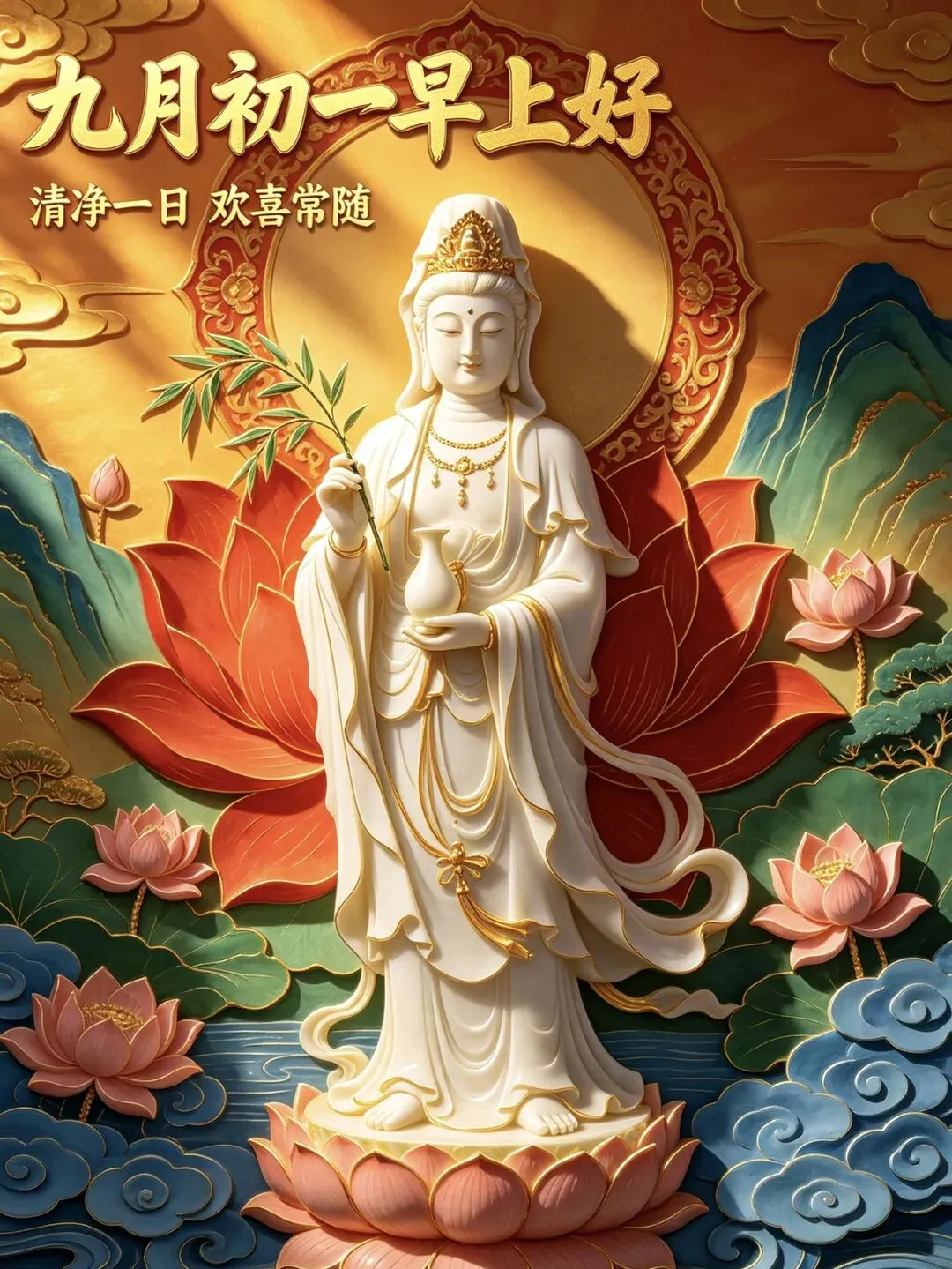 九月初一,香期吉日,29张观音早上好图片带日期,愿心怀善念,承蒙菩萨护佑,福气常伴左右-第6张图片-四季读书网