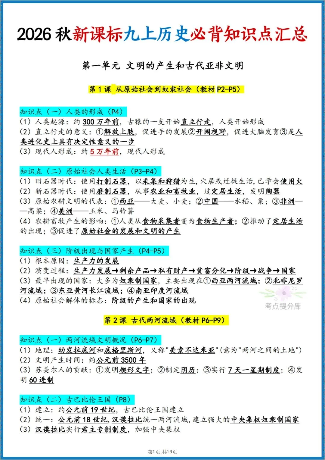 26秋初三新课标 九年级上册历史《必背知识点汇总》 背诵+默写 可打印-第1张图片-四季读书网