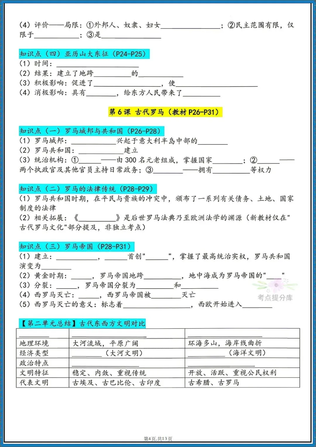 26秋初三新课标 九年级上册历史《必背知识点汇总》 背诵+默写 可打印-第12张图片-四季读书网