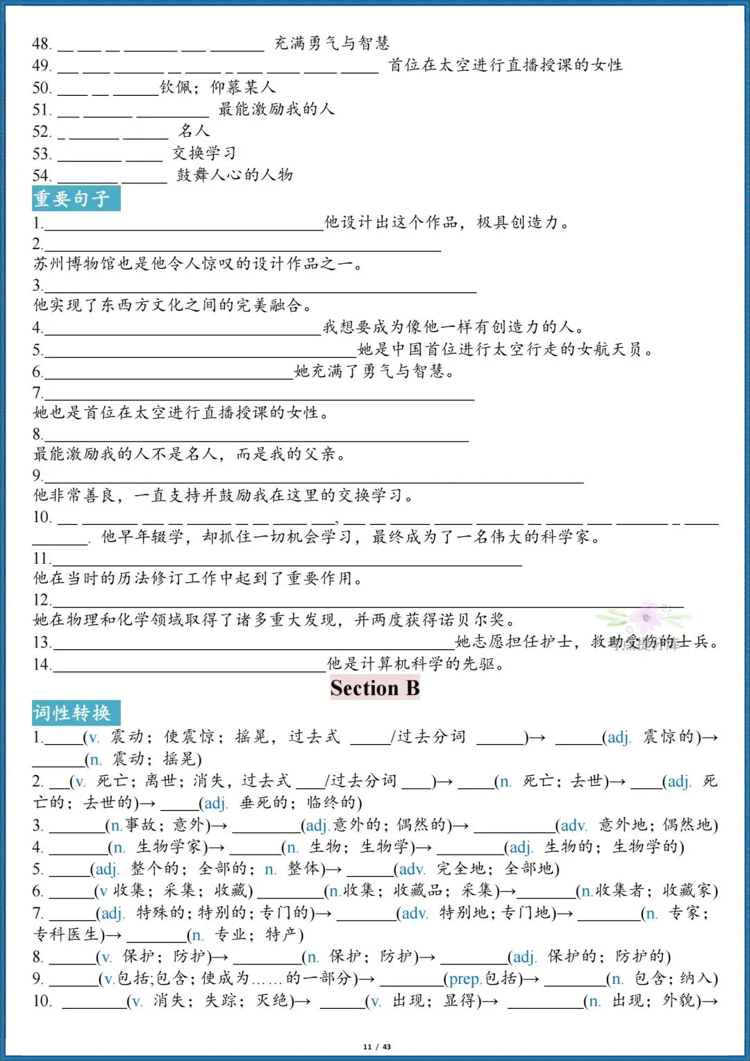 26秋初三新人教版 九年级上册英语《全册单词短语句子默写汇总》含词性转换 默写版+答案版 共86页 可打印-第11张图片-四季读书网 26秋初三新人教版 九年级上册英语《全册单词短语句子默写汇总》含词性转换 默写版+答案版 共86页 可打印-第11张图片-四季读书网