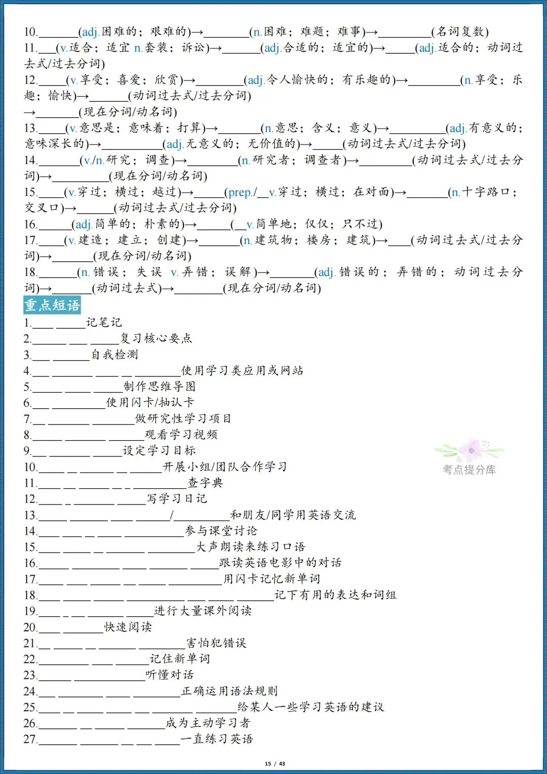 26秋初三新人教版 九年级上册英语《全册单词短语句子默写汇总》含词性转换 默写版+答案版 共86页 可打印-第15张图片-四季读书网 26秋初三新人教版 九年级上册英语《全册单词短语句子默写汇总》含词性转换 默写版+答案版 共86页 可打印-第15张图片-四季读书网