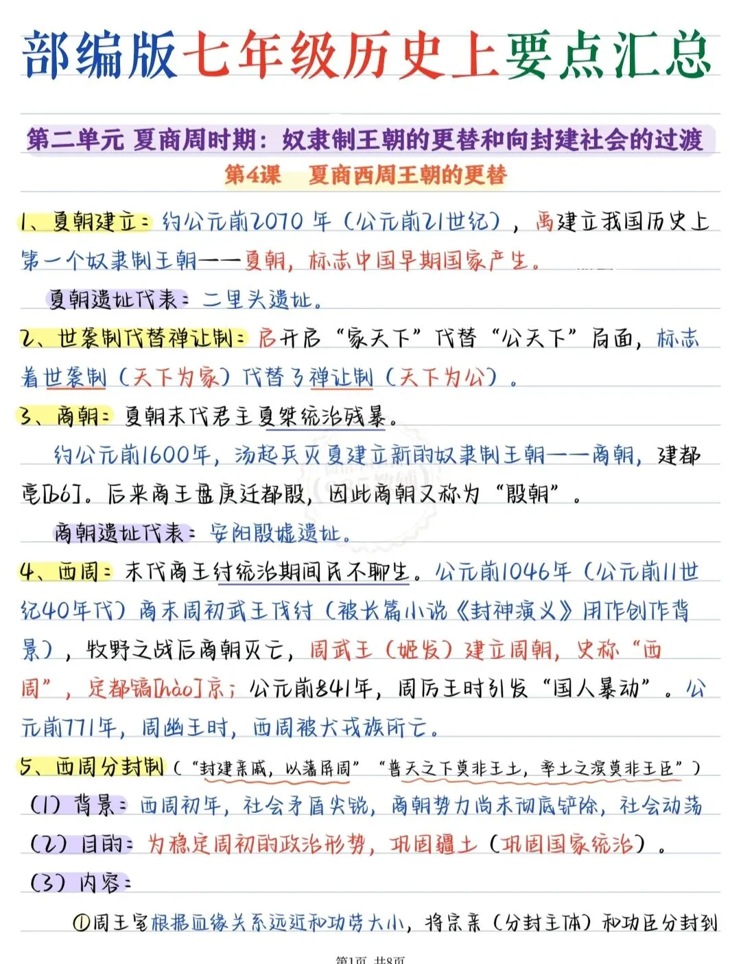 初一历史第二单元重点汇总!手写笔记搞定夏商西周考点-第1张图片-四季读书网