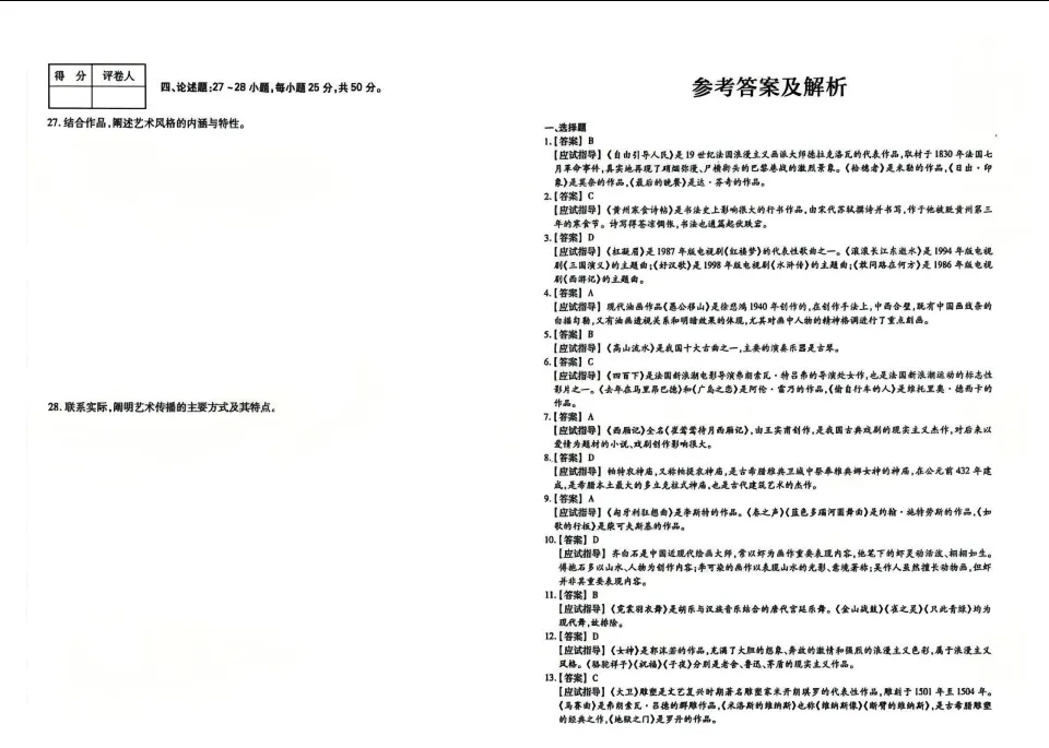 广东省2026年成人高考专升本《艺术概论》真题试卷+答案解析!-第11张图片-四季读书网