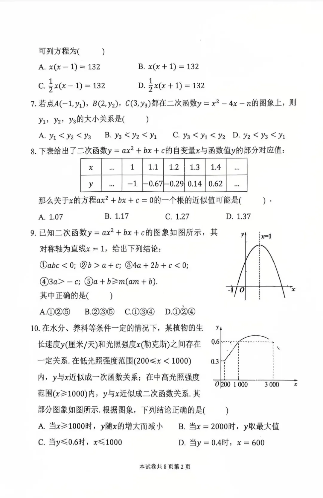 26-27附中初三第一次月考数学试卷-第2张图片-四季读书网