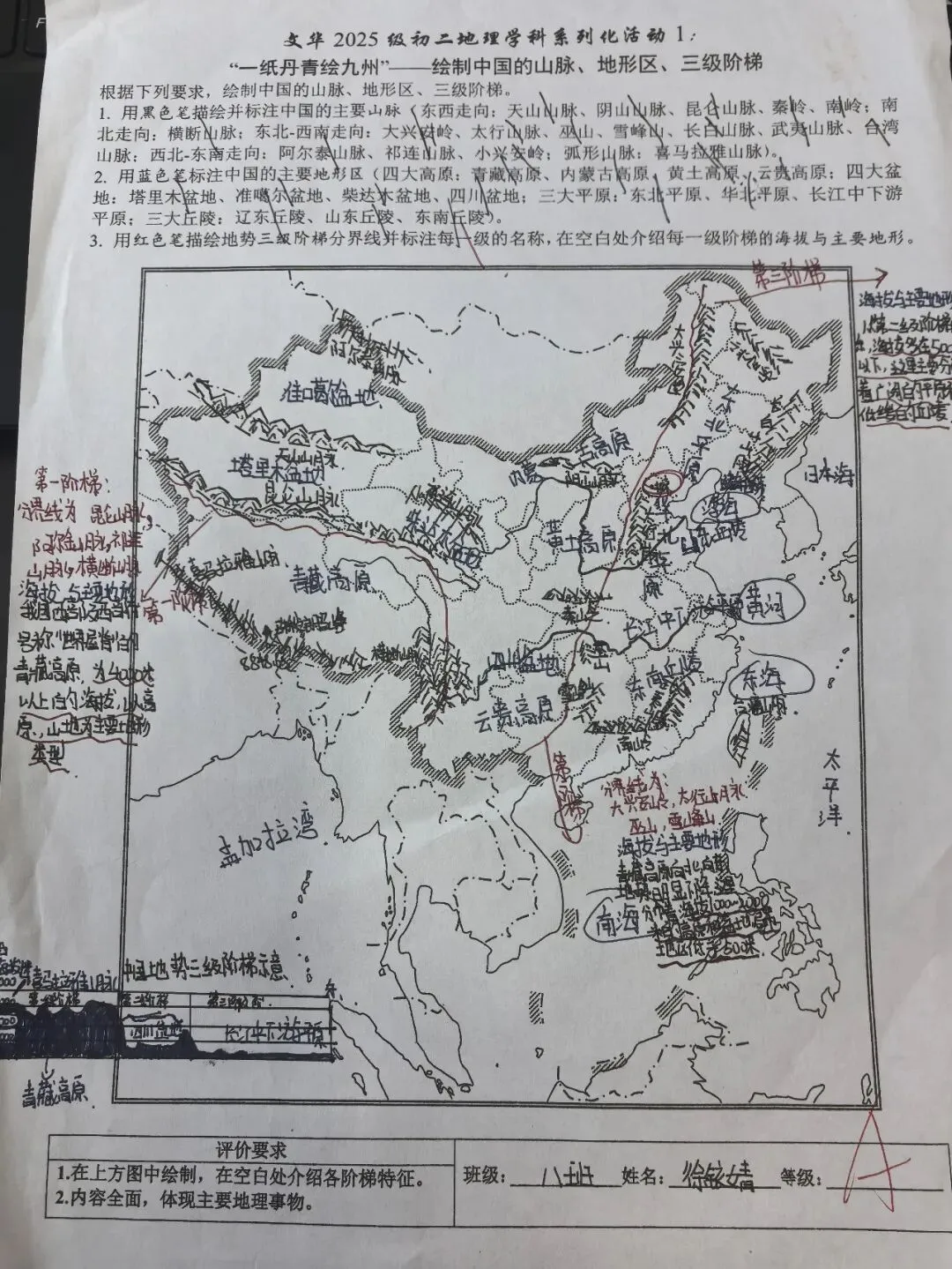 文华2025级初二地理学科“一纸丹青绘九州”——绘制中国的山脉、地形区、三级阶梯获奖名单-第6张图片-四季读书网