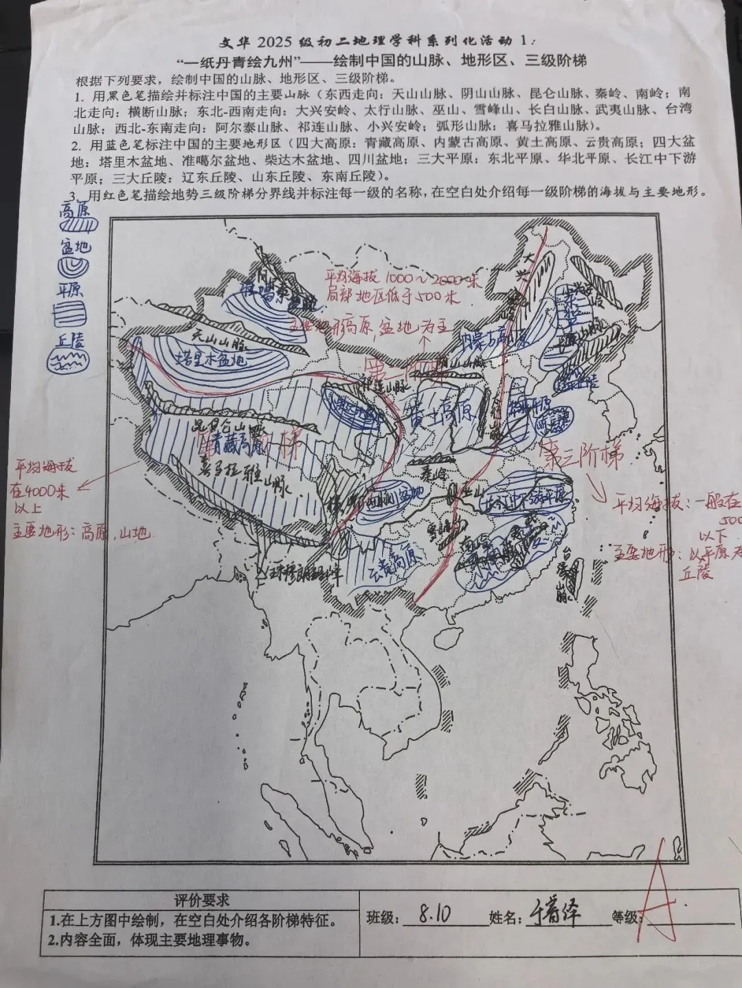 文华2025级初二地理学科“一纸丹青绘九州”——绘制中国的山脉、地形区、三级阶梯获奖名单-第10张图片-四季读书网