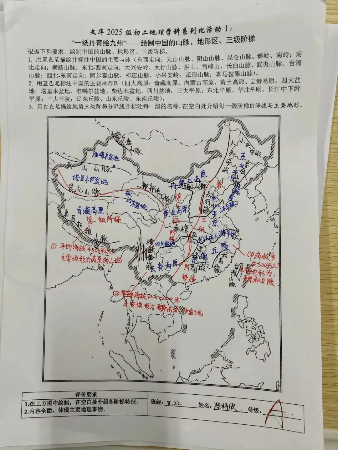 文华2025级初二地理学科“一纸丹青绘九州”——绘制中国的山脉、地形区、三级阶梯获奖名单-第33张图片-四季读书网