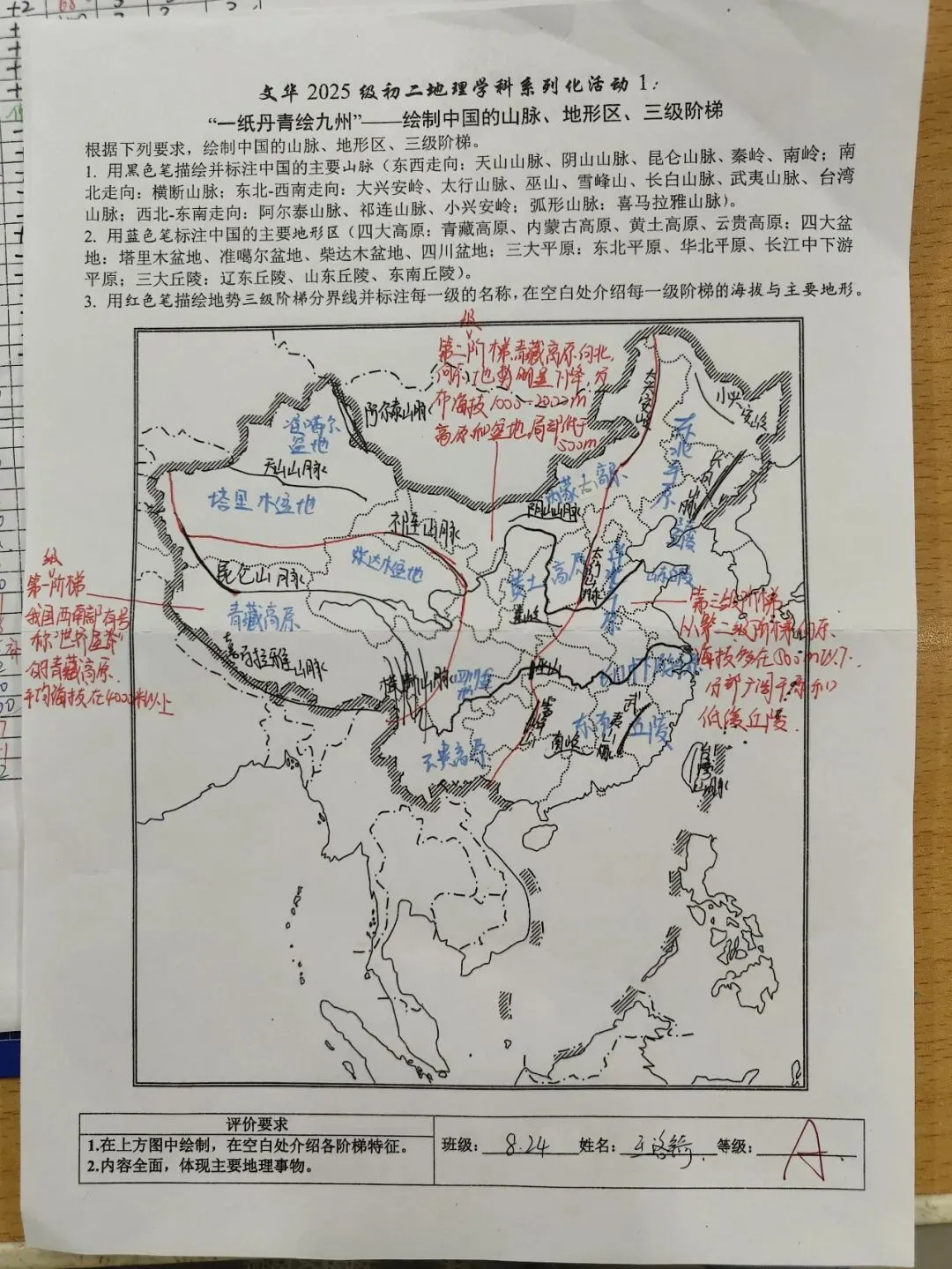 文华2025级初二地理学科“一纸丹青绘九州”——绘制中国的山脉、地形区、三级阶梯获奖名单-第38张图片-四季读书网