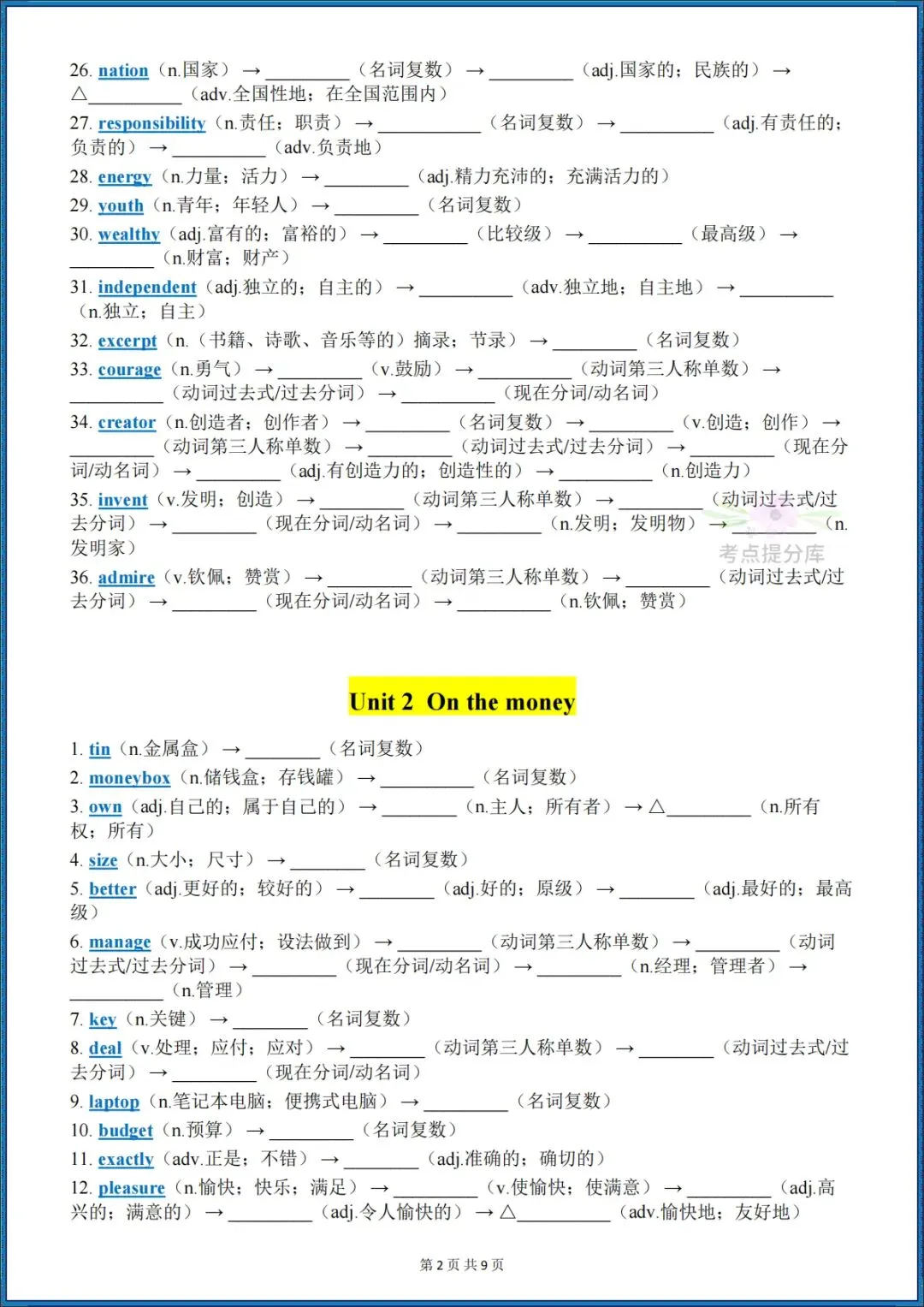 26秋初三外研版 九年级上册英语《词性转换汇总+专项练习》附答案 可打印-第2张图片-四季读书网