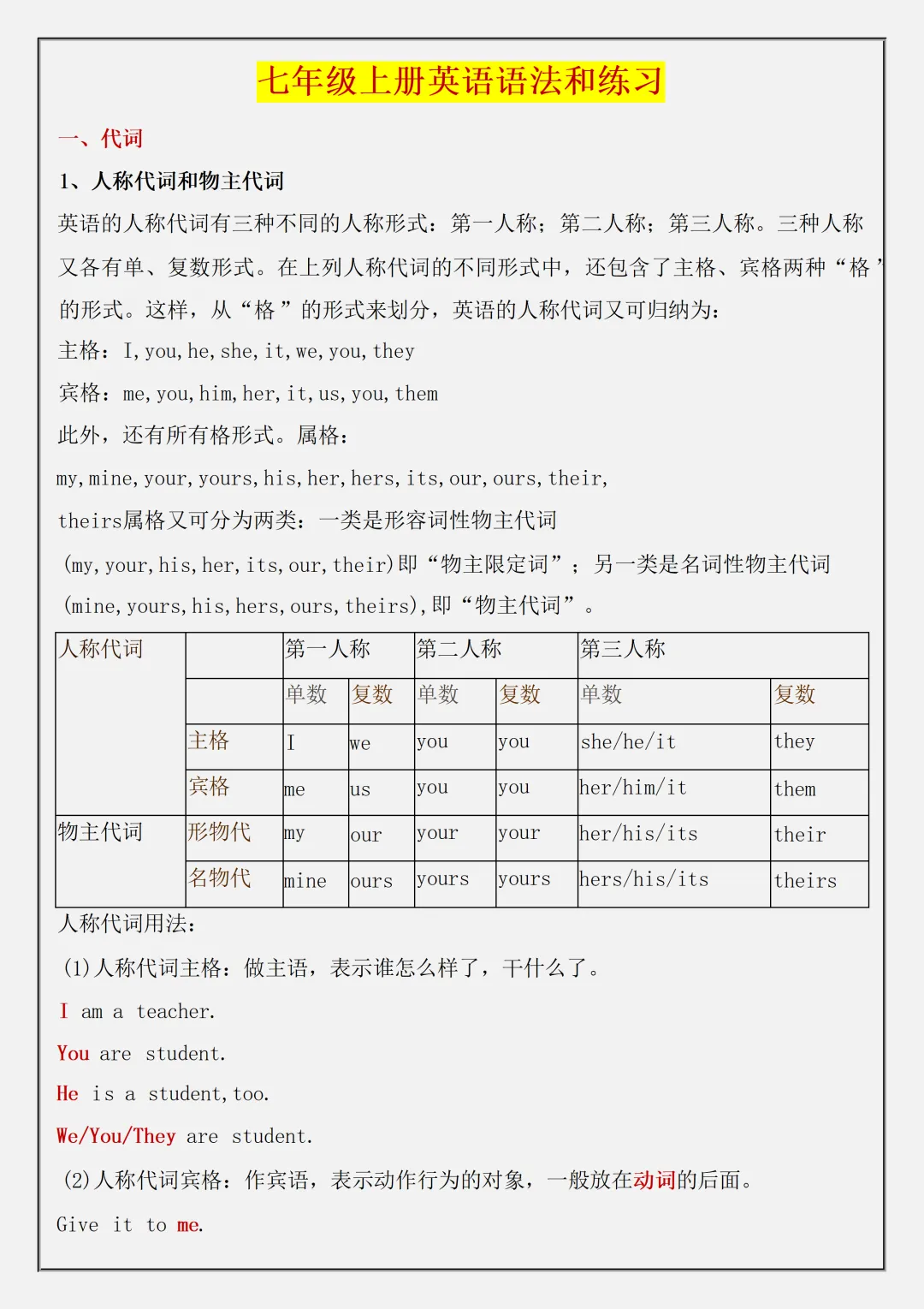 【初一】2026秋七年级上册英语全册必背常考语法与练习,有完整版可打印,建议家长领取一份打印给孩子!-第3张图片-四季读书网 【初一】2026秋七年级上册英语全册必背常考语法与练习,有完整版可打印,建议家长领取一份打印给孩子!-第3张图片-四季读书网