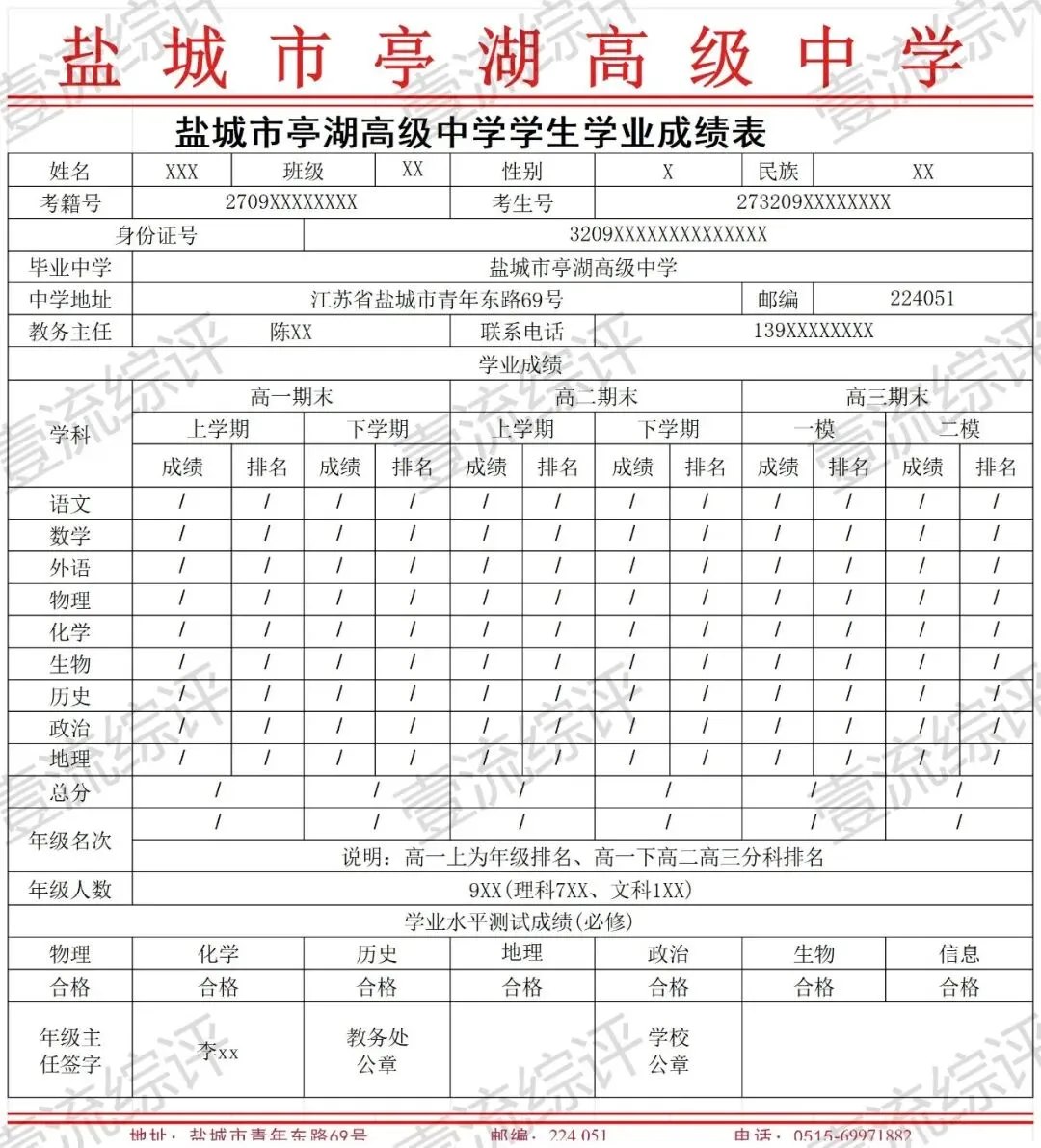 【高考】盐城10校高中成绩单模板-第4张图片-四季读书网