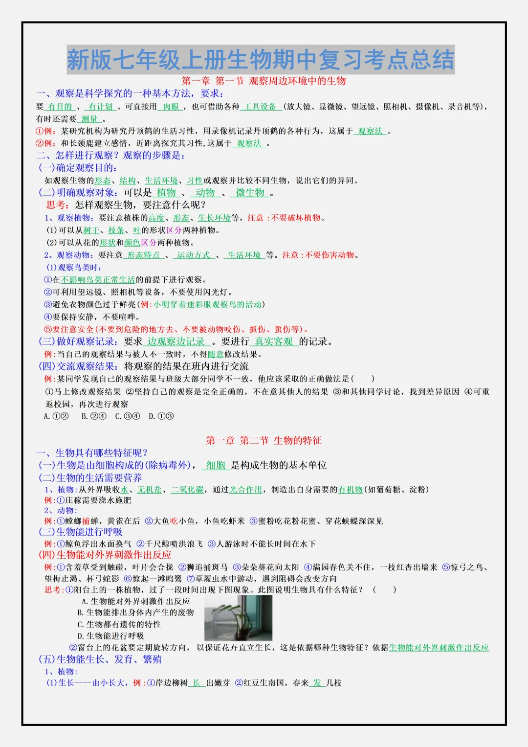 【初一】2026秋七年级上册生物全册必背常考知识点总结,有完整版可打印,建议家长领取一份打印给孩子!-第3张图片-四季读书网 【初一】2026秋七年级上册生物全册必背常考知识点总结,有完整版可打印,建议家长领取一份打印给孩子!-第3张图片-四季读书网