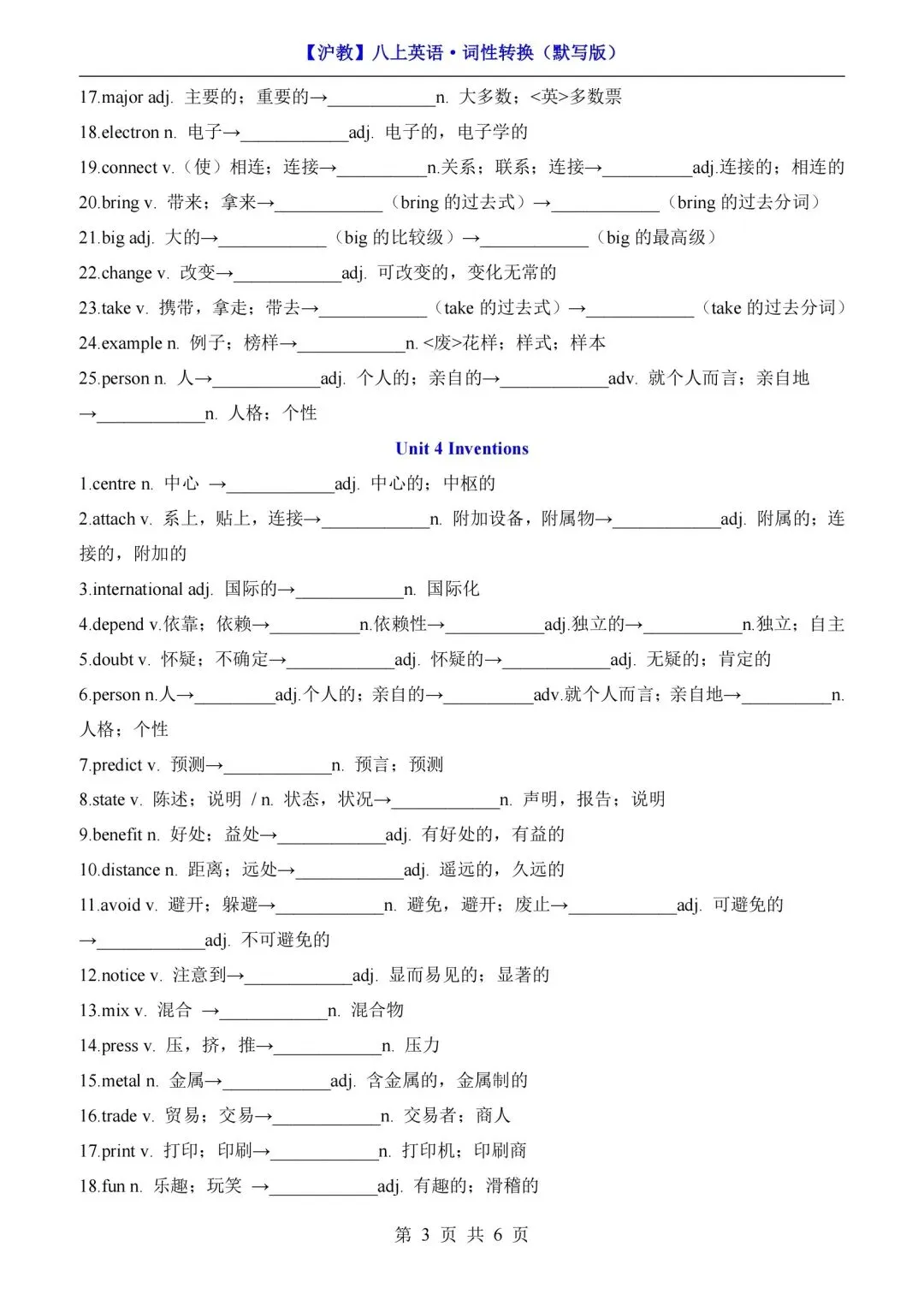 2026秋初二英语上册(沪教版)八年级英语1-8单元词性转换默写+短语归纳,需要可下载打印!-第5张图片-四季读书网