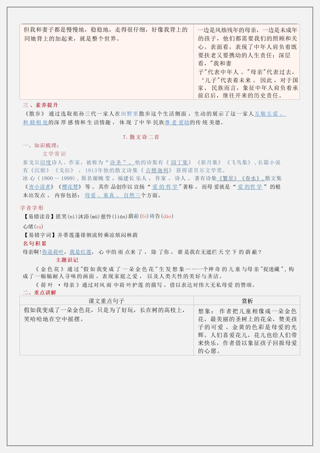 【初一】新版七上语文全册复习单元核心知识点清单,完整版可打印(2026)-第6张图片-四季读书网