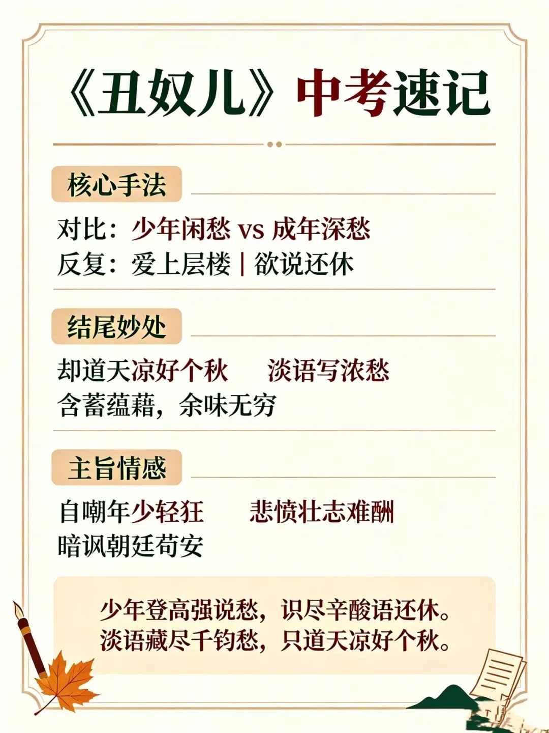 三百一十六日·语文伴中考|Day61(2026-10-12)|倒计时255天《丑奴儿·书博山道中壁》辛弃疾|人生感慨词(防城港专用·2027版)-第3张图片-四季读书网