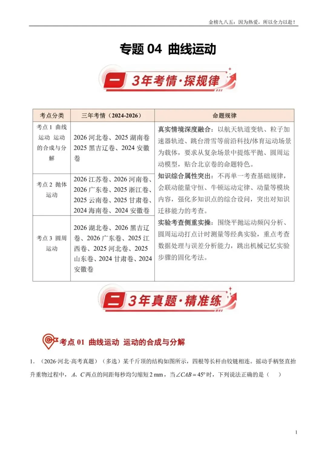 高考物理:【三年真题】专题04曲线运动(学生版)-第1张图片-四季读书网
