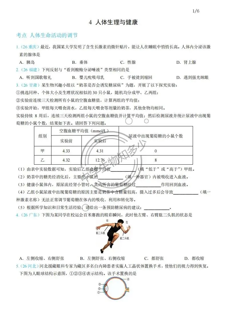 2026年中考生物试题汇编:人体生理与健康-人体生命活动的调节31道-PDF版-第1张图片-四季读书网 2026年中考生物试题汇编:人体生理与健康-人体生命活动的调节31道-PDF版-第1张图片-四季读书网