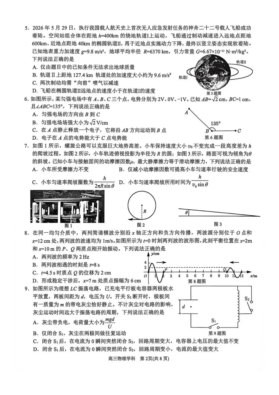 高考|2026年10月天域全国名校协作体联考物理赋分表、试卷、答案及评分标准-第6张图片-四季读书网