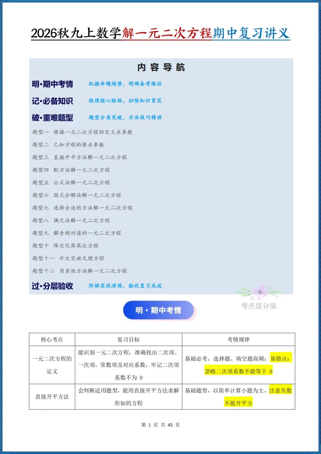 26秋初三 九年级上册数学 《解一元二次方程 期中复习讲义》学生版+教师版 共64页 可打印〈word版可编辑〉-第11张图片-四季读书网 26秋初三 九年级上册数学 《解一元二次方程 期中复习讲义》学生版+教师版 共64页 可打印〈word版可编辑〉-第11张图片-四季读书网