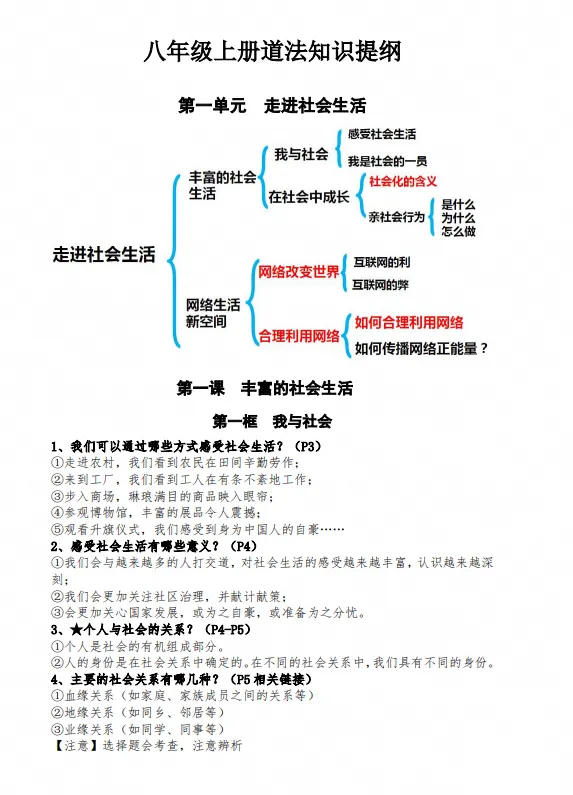 26秋初二 八年级上册道德与法治《知识点提纲梳理汇总》,可打印练习-第1张图片-四季读书网