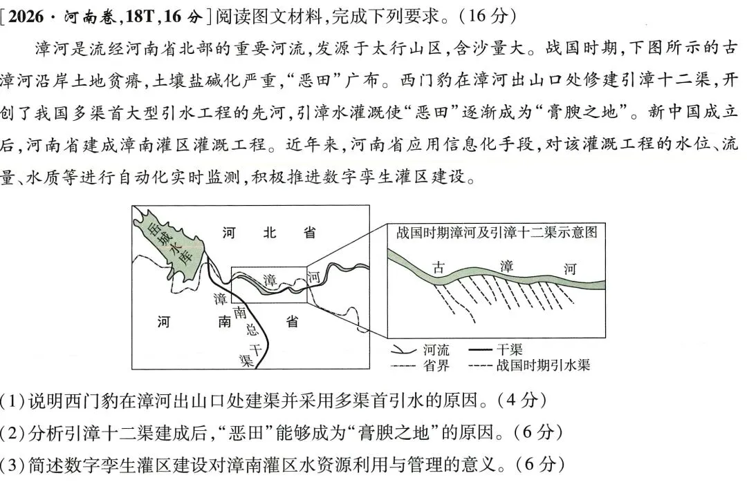 【高考真题·评分细则】2026河南地理高考真题18题 引漳十二渠(漳南灌区)-第1张图片-四季读书网 【高考真题·评分细则】2026河南地理高考真题18题 引漳十二渠(漳南灌区)-第1张图片-四季读书网