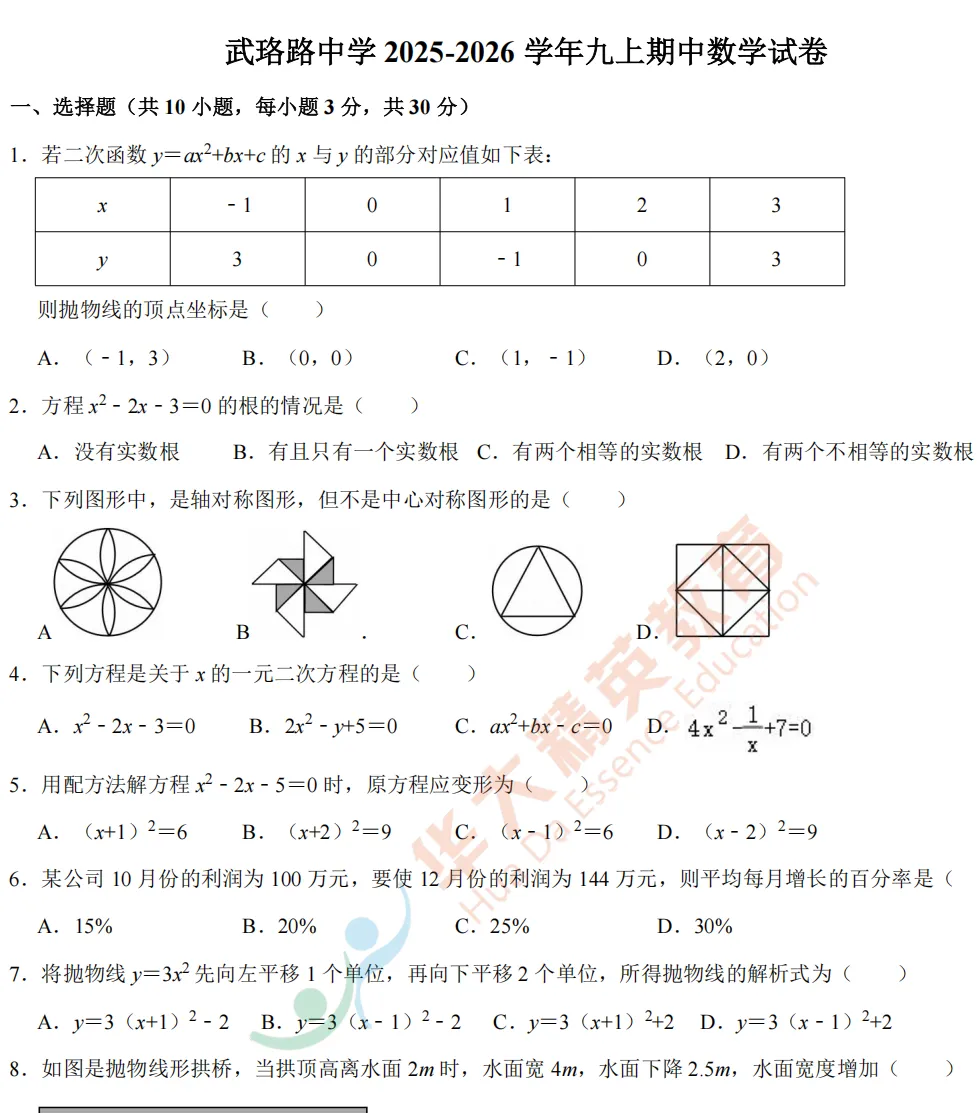 武汉市13区九上数学试卷汇总.pdf(免费下载)-第10张图片-四季读书网