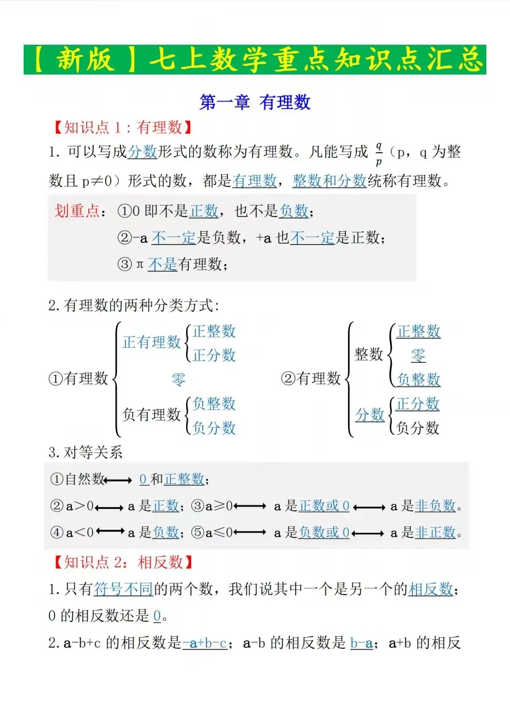 初一七年级上册数学(新版)全册常考必背基础知识清单总结梳理电子版可下载打印(2026)-第2张图片-四季读书网 初一七年级上册数学(新版)全册常考必背基础知识清单总结梳理电子版可下载打印(2026)-第2张图片-四季读书网