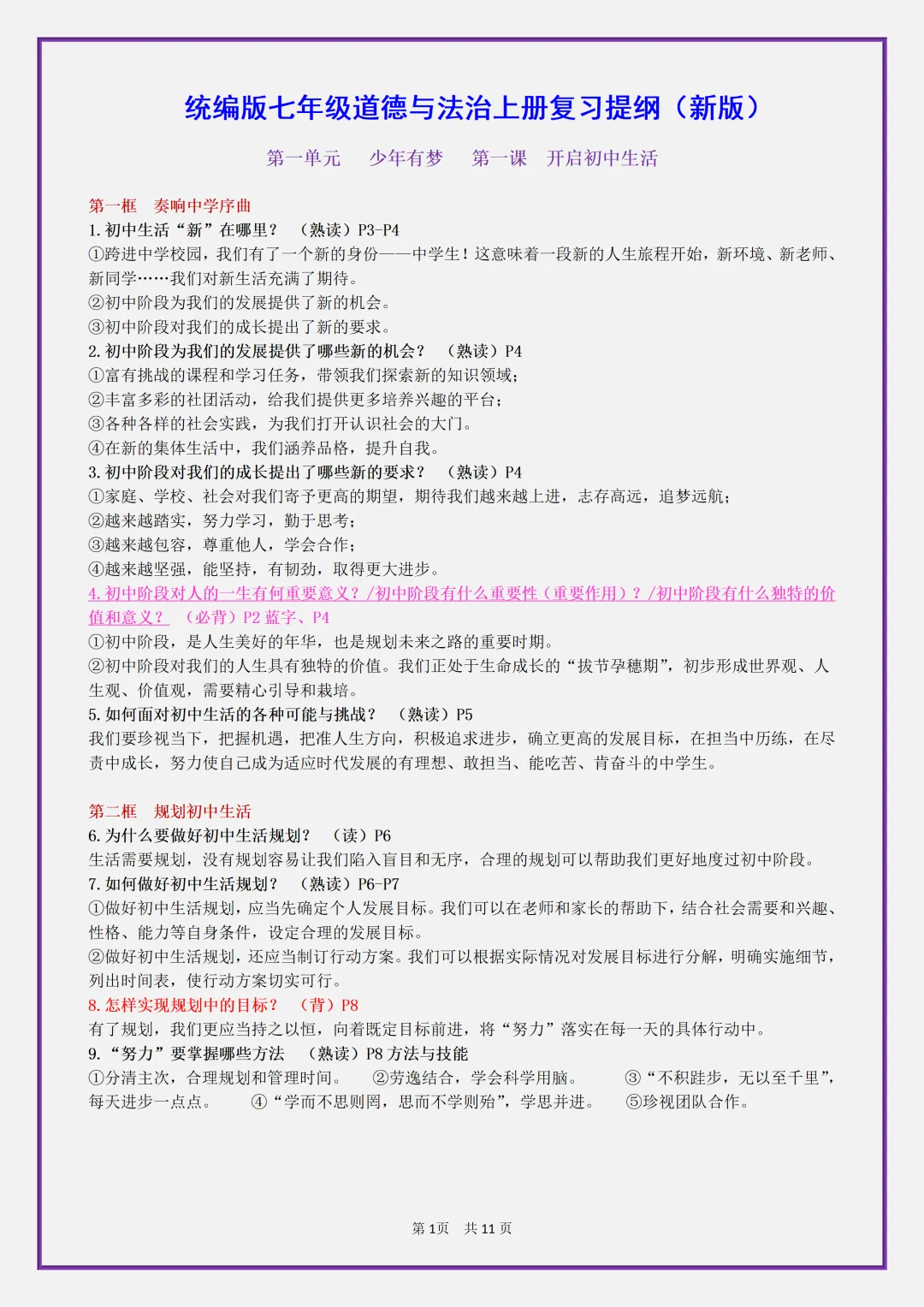 【初一】2026秋七年级上册道德与法治全册考点知识点归纳复习提纲,有高清完整版可打印-第3张图片-四季读书网 【初一】2026秋七年级上册道德与法治全册考点知识点归纳复习提纲,有高清完整版可打印-第3张图片-四季读书网
