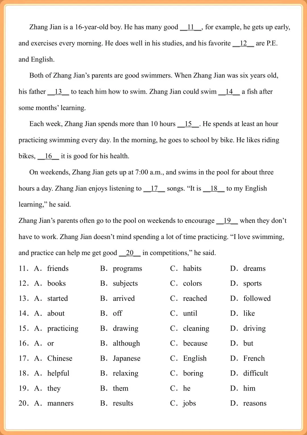 初三九年级上册英语 真题集训专项之【完形填空】每天一练!积累词汇!-第14张图片-四季读书网