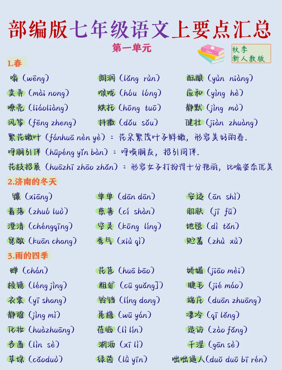 【初一】新版七上语文全册必背考点知识点总结,完整版可打印(2026)-第2张图片-四季读书网