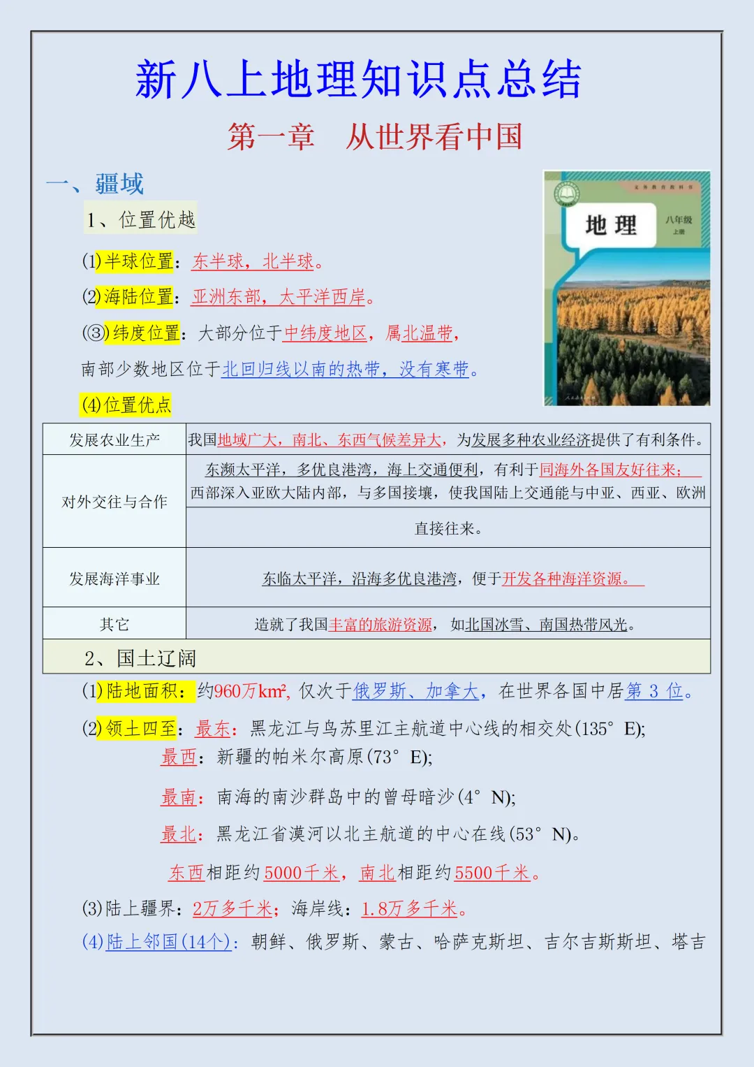 【初二】2026新教材八年级上册地理全册高频考点知识点总结(高清版可打印)-第5张图片-四季读书网