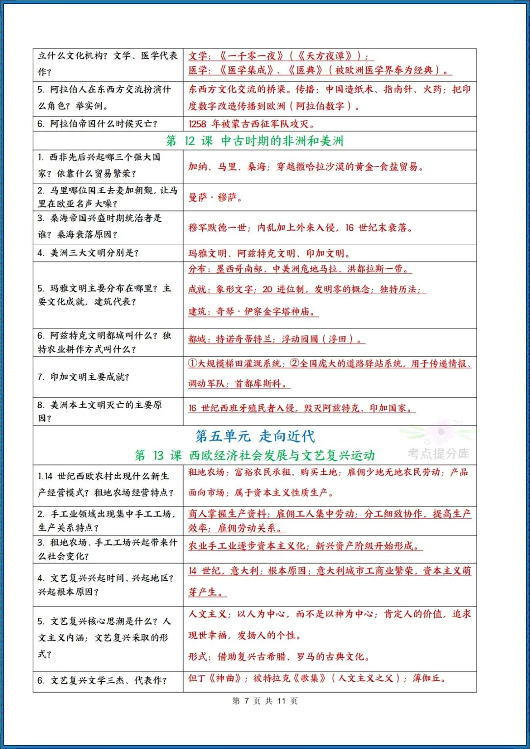 26秋初三 九年级上册历史《期中复习左问右答背诵清单》必背知识点 可打印-第7张图片-四季读书网