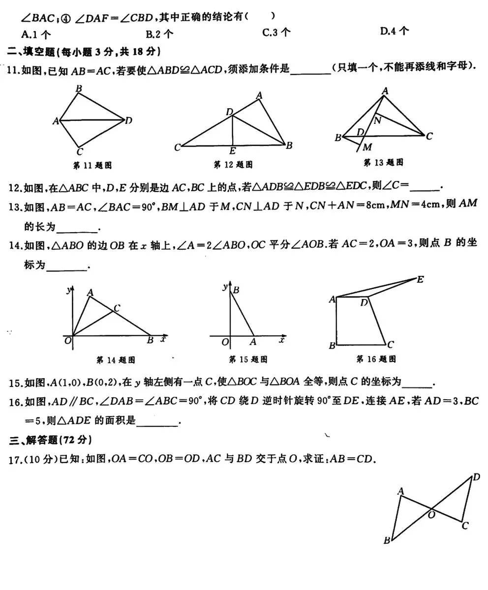 初二数学《全等三角形》检测卷,附答案,考前刷一遍稳拿高分-第2张图片-四季读书网
