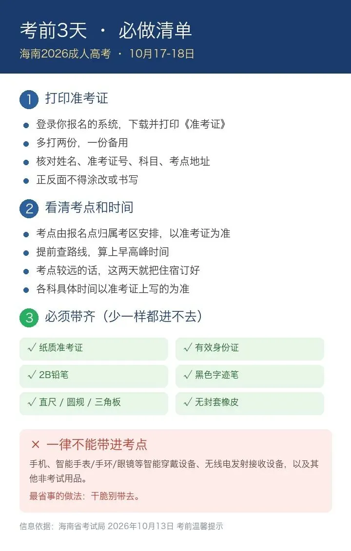 重要提醒:海南成人高考准考证打印中!考前2天,这几件事别漏做-第1张图片-四季读书网