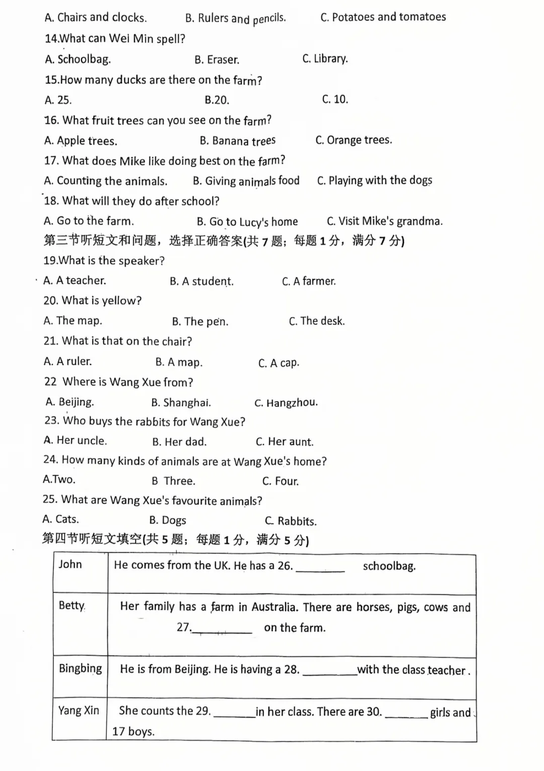 四中七上第一次月考英语真题-第2张图片-四季读书网