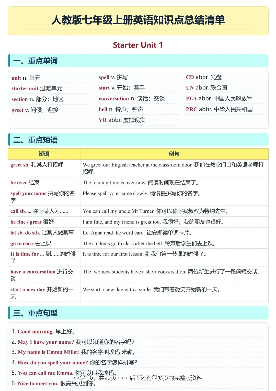 初一新七上全科目课文重点知识点背读总结电子打印版!(2026 新版本)-第6张图片-四季读书网