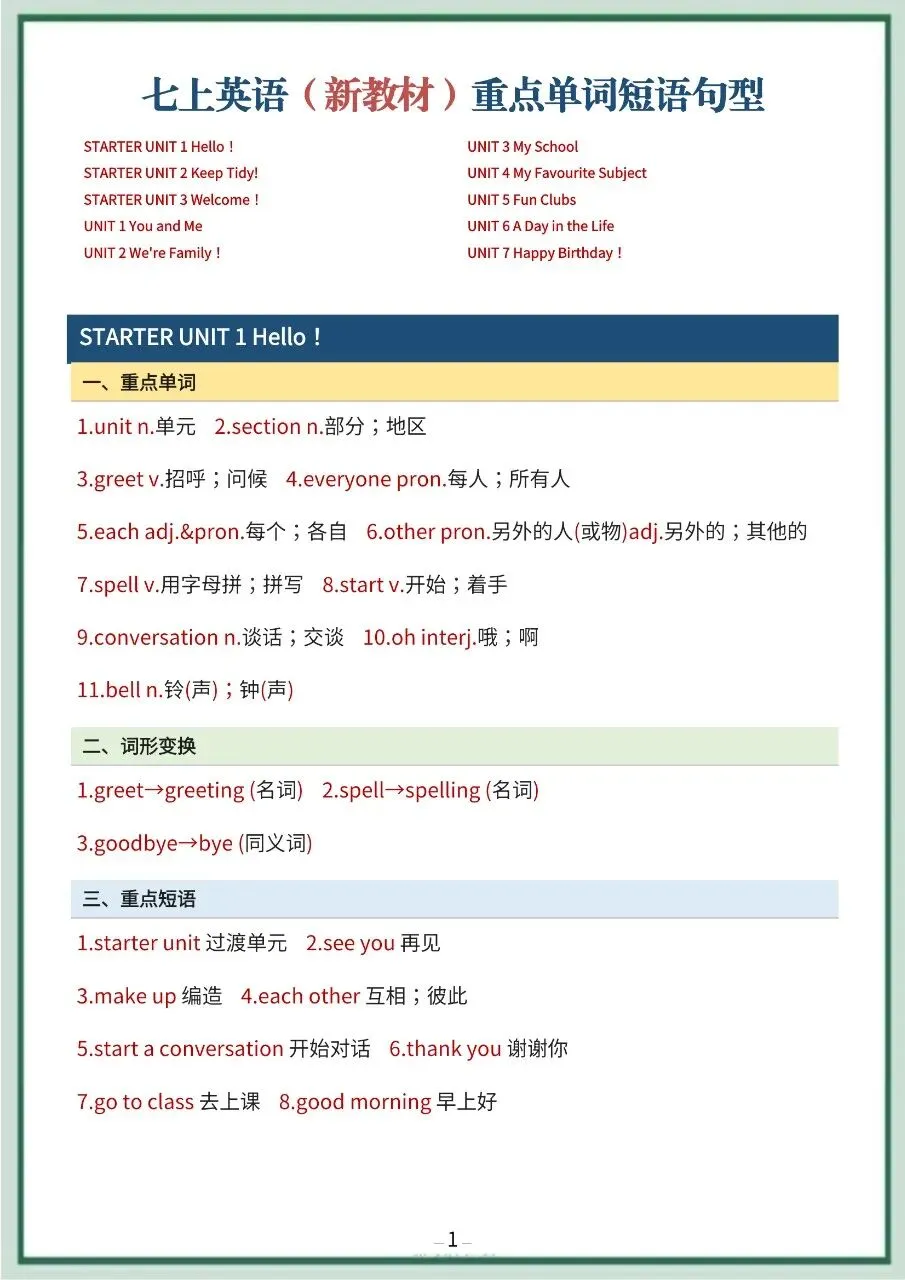 初一新七上全科目课文重点知识点背读总结电子打印版!(2026 新版本)-第9张图片-四季读书网