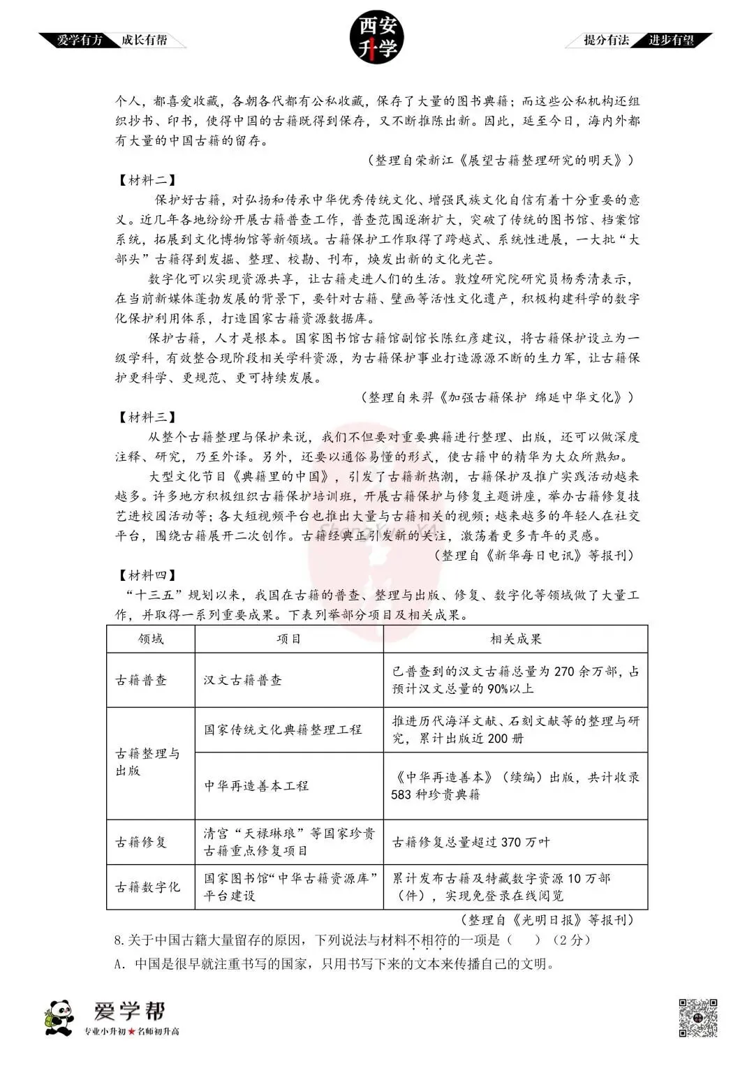 【初二真题 】八年级上学期 第一次月考:西工大附中(翱翔)~语文(含答案解析)-第3张图片-四季读书网