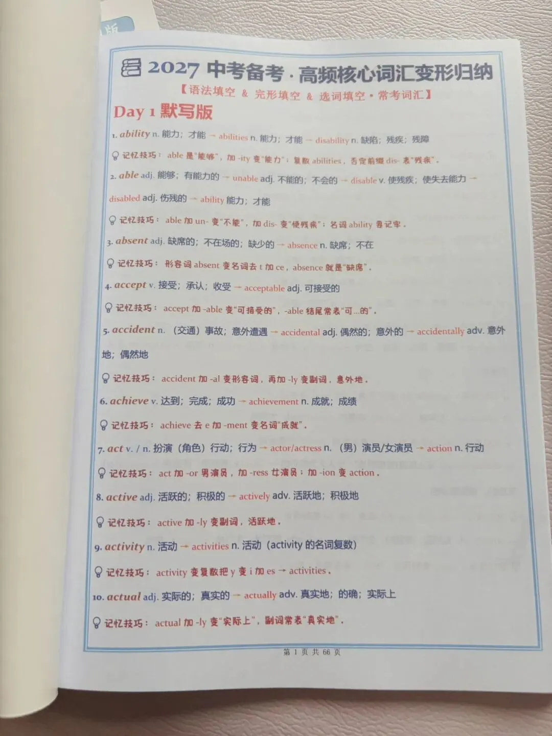 2027新版《中考英语词性转换三件套》高频核心词汇变形归纳,52天小纸条打卡,每日一练(含答案)专门攻克英语高频词汇变形-第3张图片-四季读书网