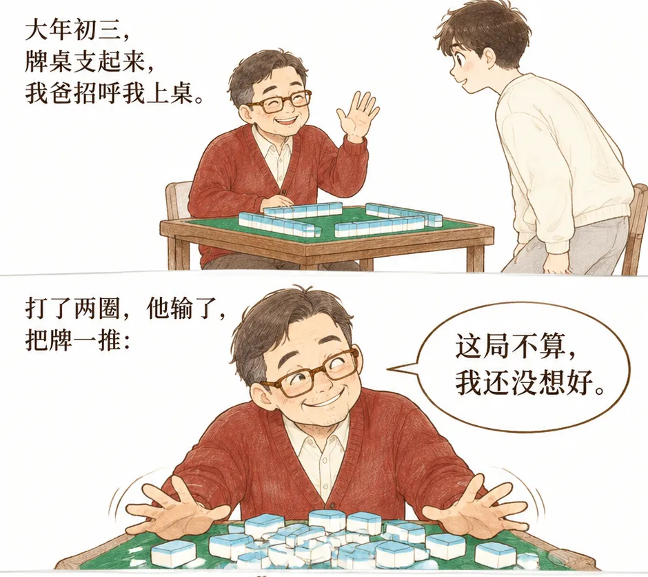 大年初三,牌桌支起来,我爸招呼我上桌.打了两圈,他输了,把牌一推:这局不算,我还没想好.我说:那我不-第1张图片-四季读书网
