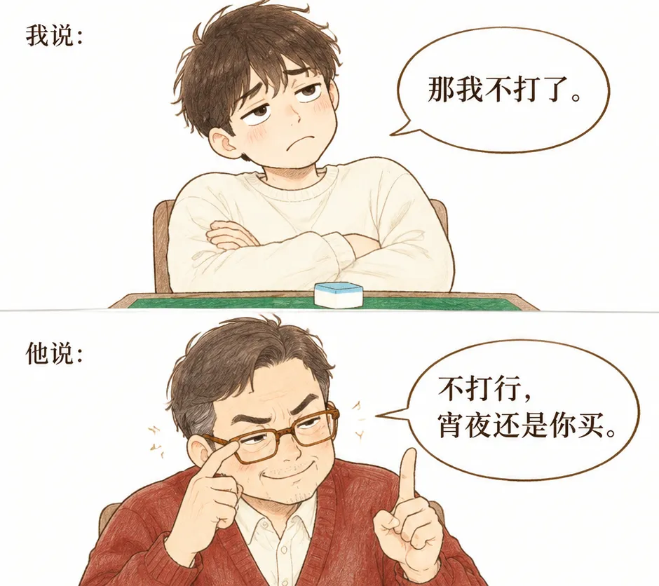 大年初三,牌桌支起来,我爸招呼我上桌.打了两圈,他输了,把牌一推:这局不算,我还没想好.我说:那我不-第2张图片-四季读书网
