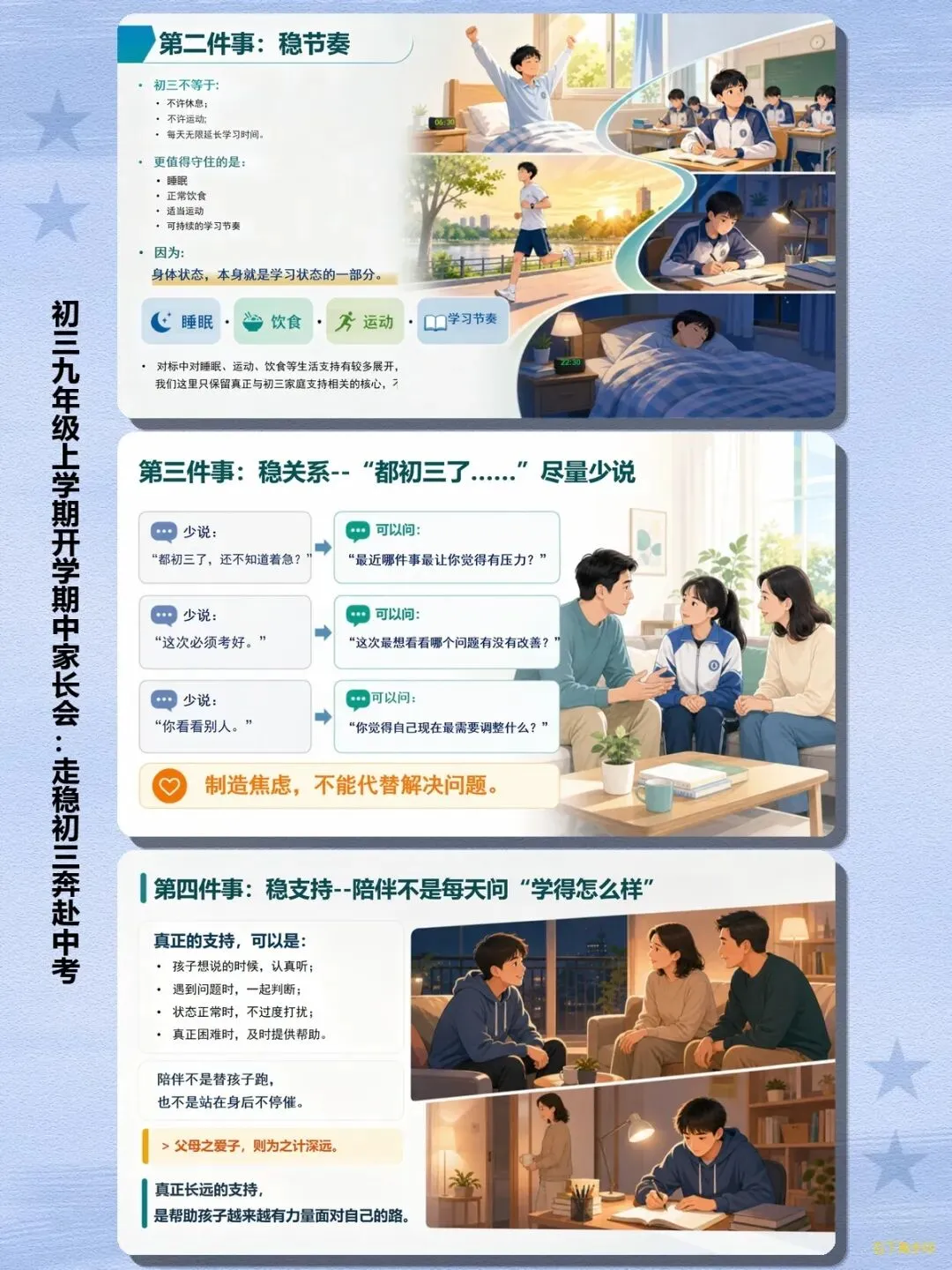 【家长会】初三上学期期中家长会《走稳初三奔赴中考》:初三全年时间轴+中考政策解读+情绪管理+家校分工全套方案-第19张图片-四季读书网