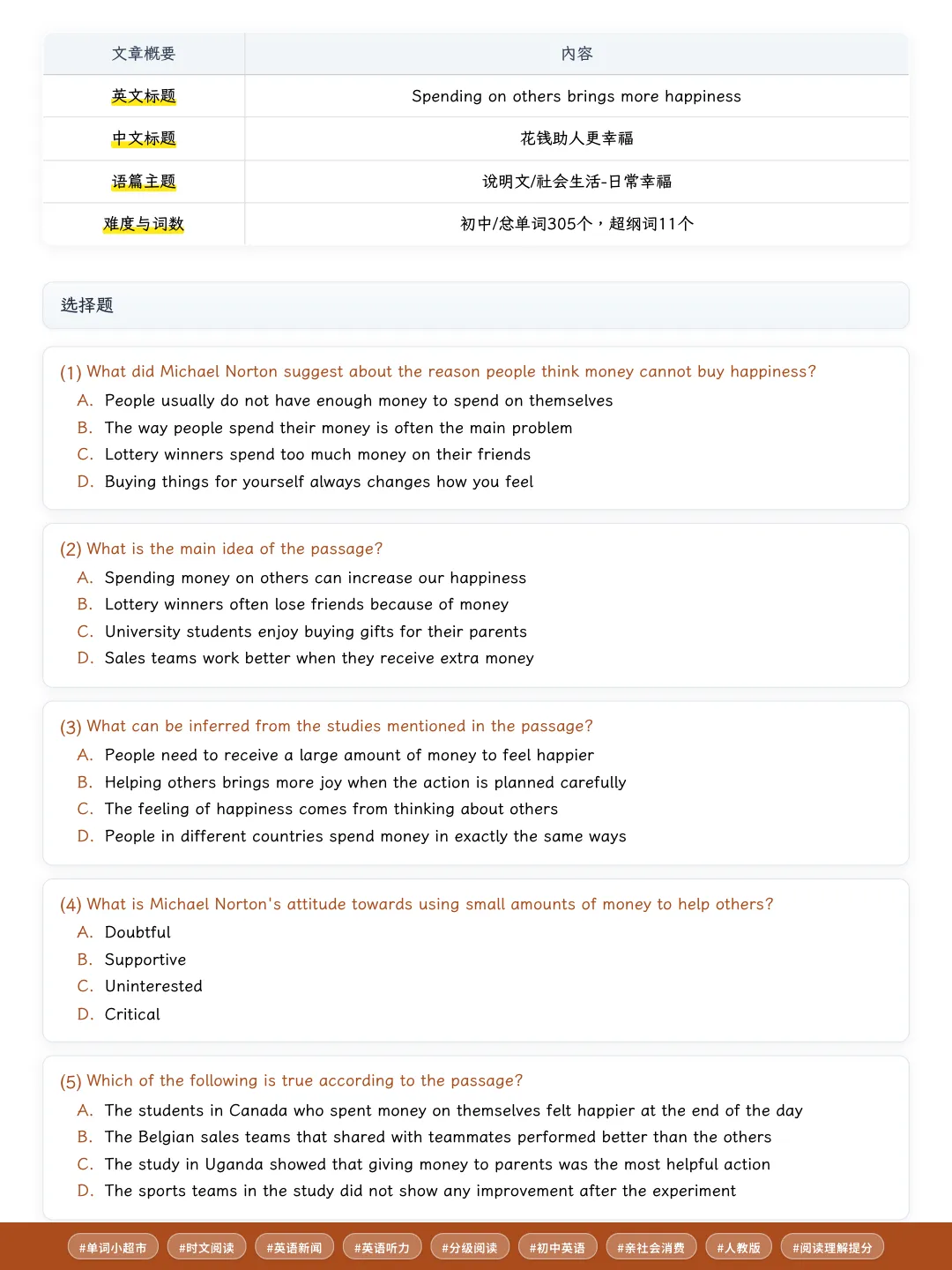 60篇短文搞定中考2000个单词·花钱也能变幸福?这篇日常幸福短文带初中生吃透课标词与阅读细节题-第9张图片-四季读书网