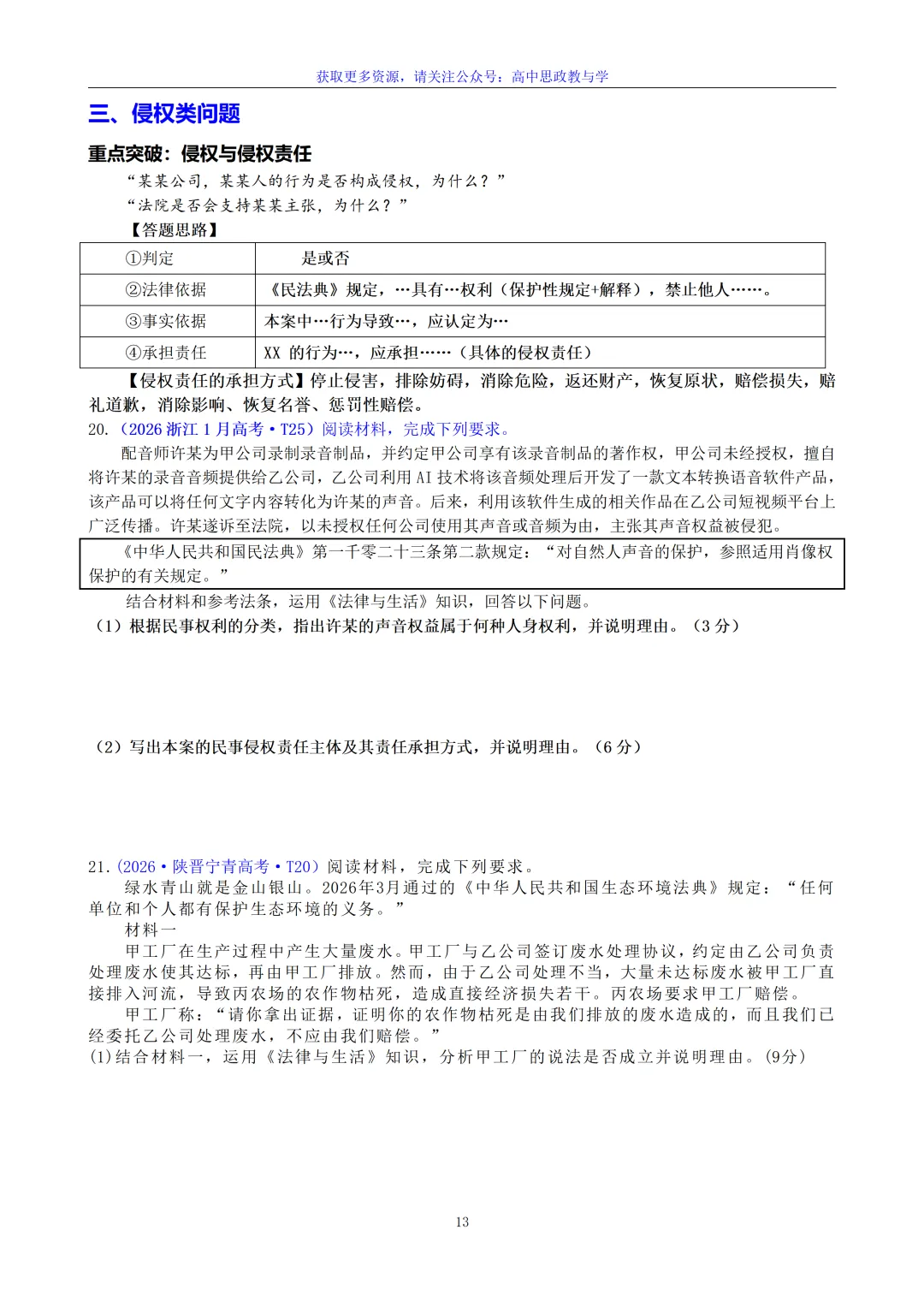 《法律与生活》主观题答题结构及与高考真题主观题汇编(核心必备知识、七大类主观题解题方法)-第10张图片-四季读书网